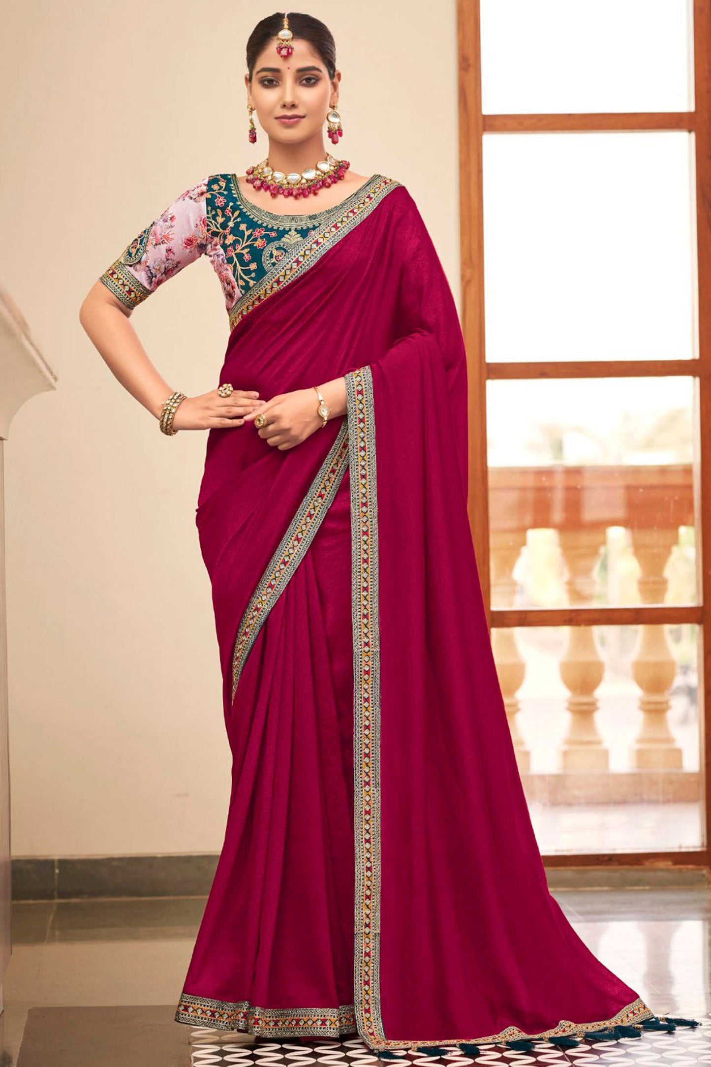 Delicate Magenta Color Border Work Fancy Fabric Saree