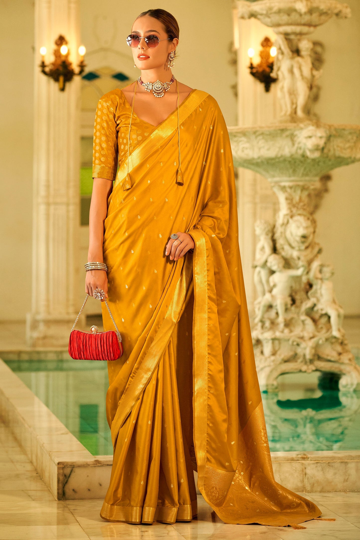 Blazing Mustard Color Weaving Work Function Wear Satin Silk Saree