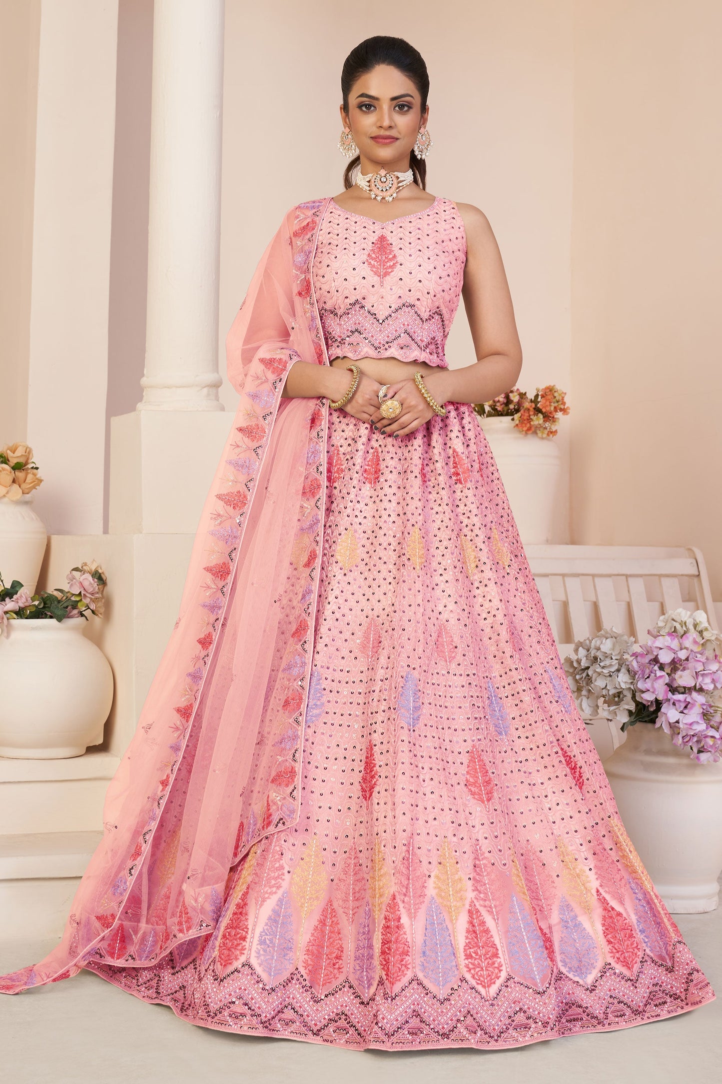 Peach Color Net Fabric Ravishing Sequins Work Lehenga