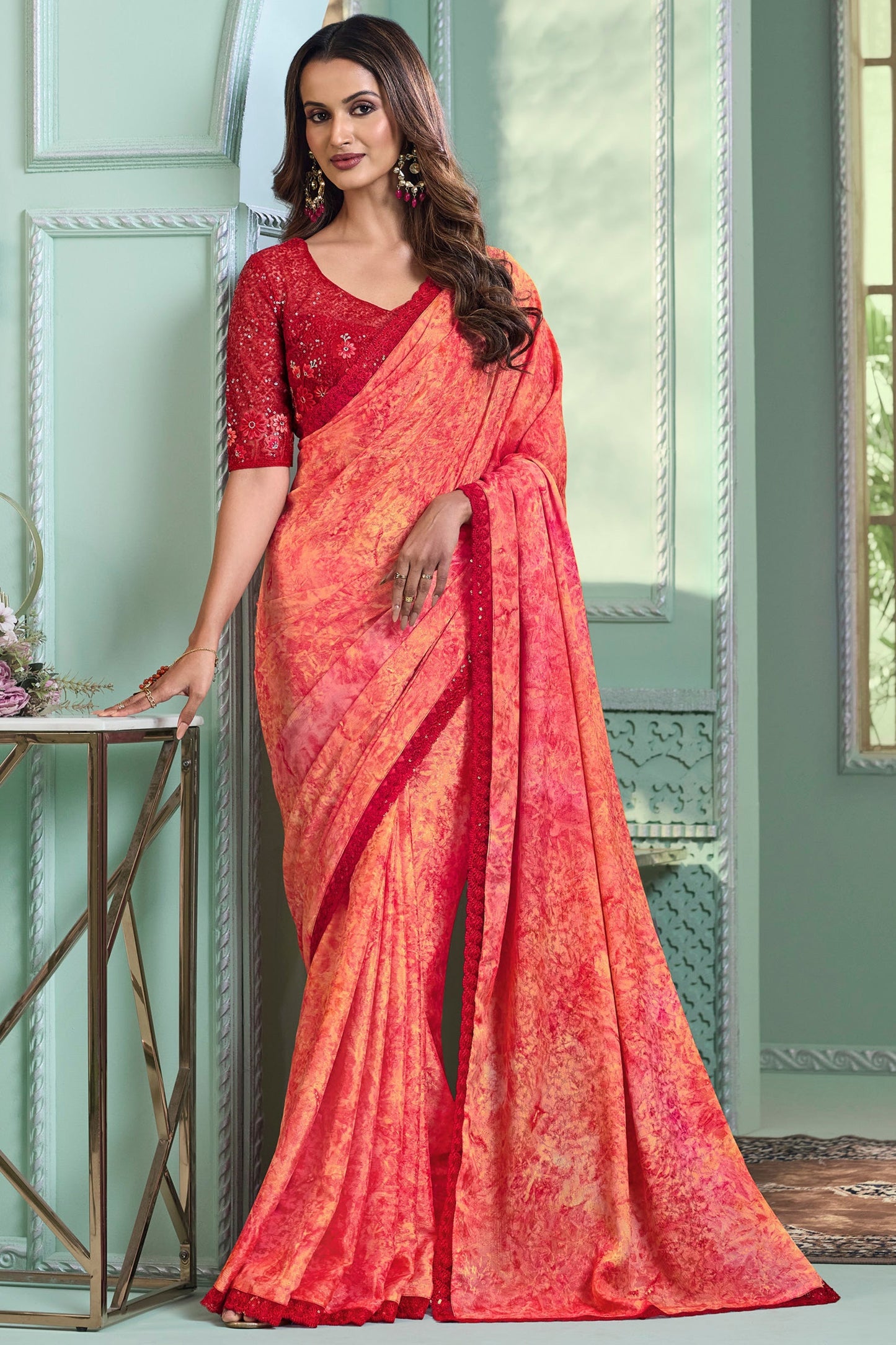 Peach Color Border Work On Chiffon Fabric Beatific Saree