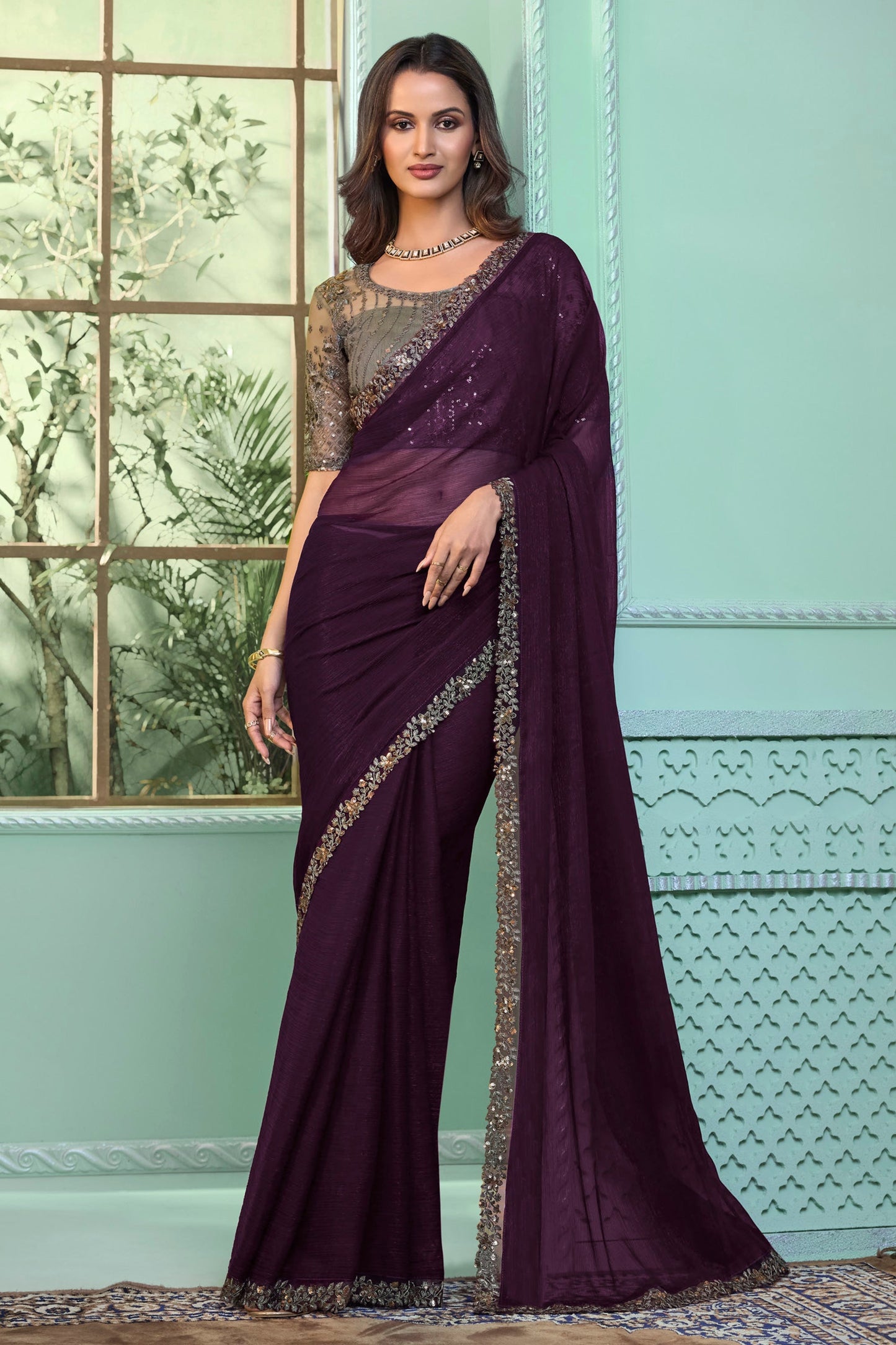Incredible Border Work On Chiffon Fabric Purple Color Saree