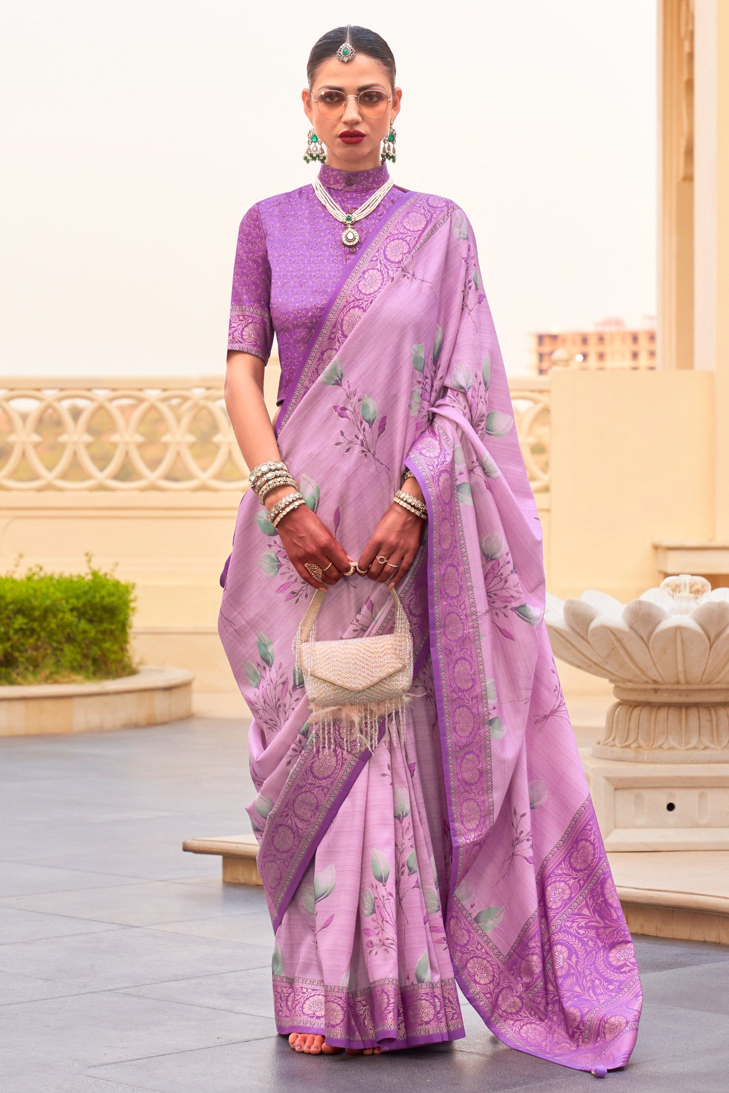 Lavender Color Art Silk Stylish Saree With Printed Blouse