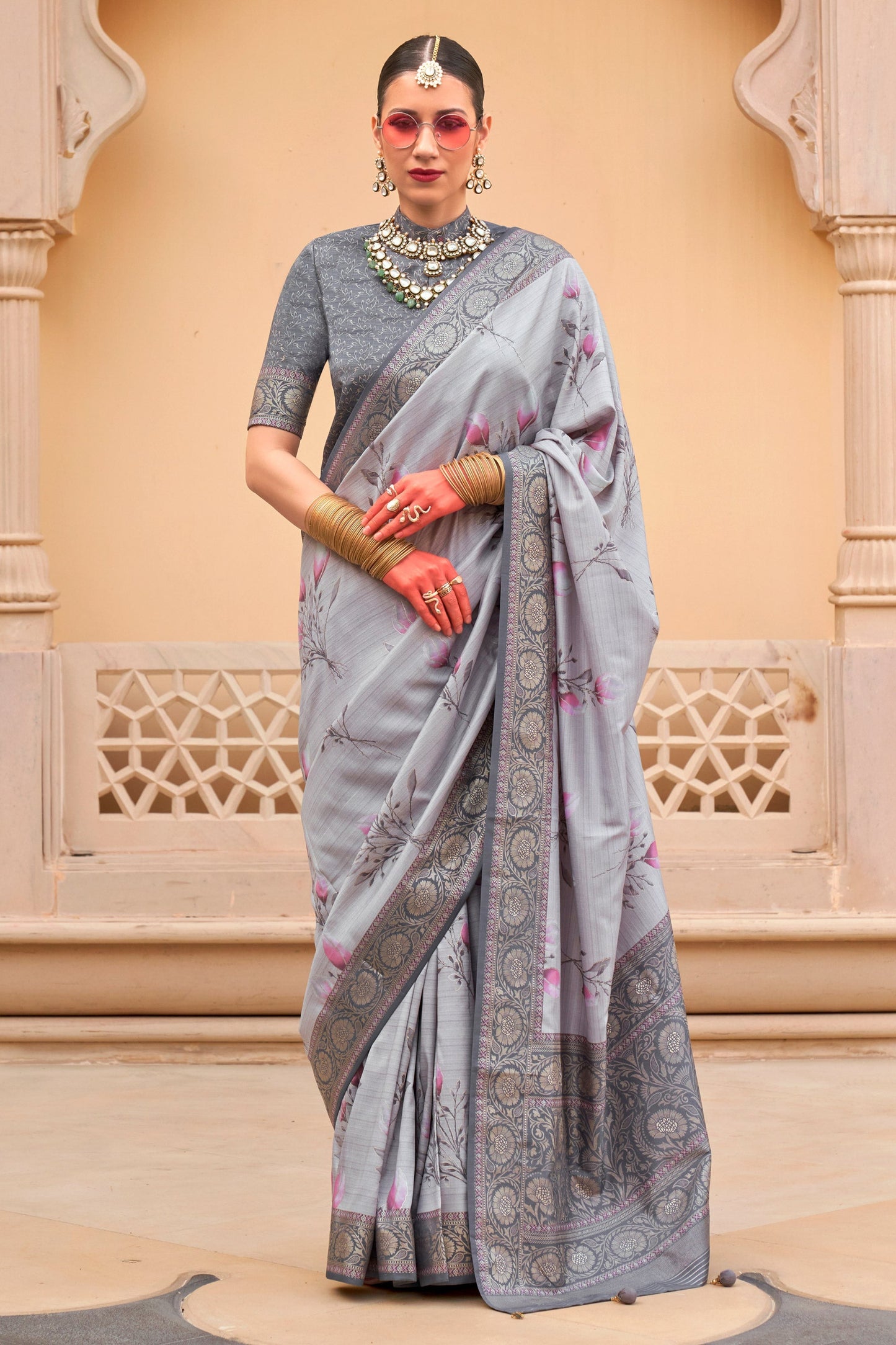 Art Silk Grey Color Attractive Floral Print Saree With Blouse