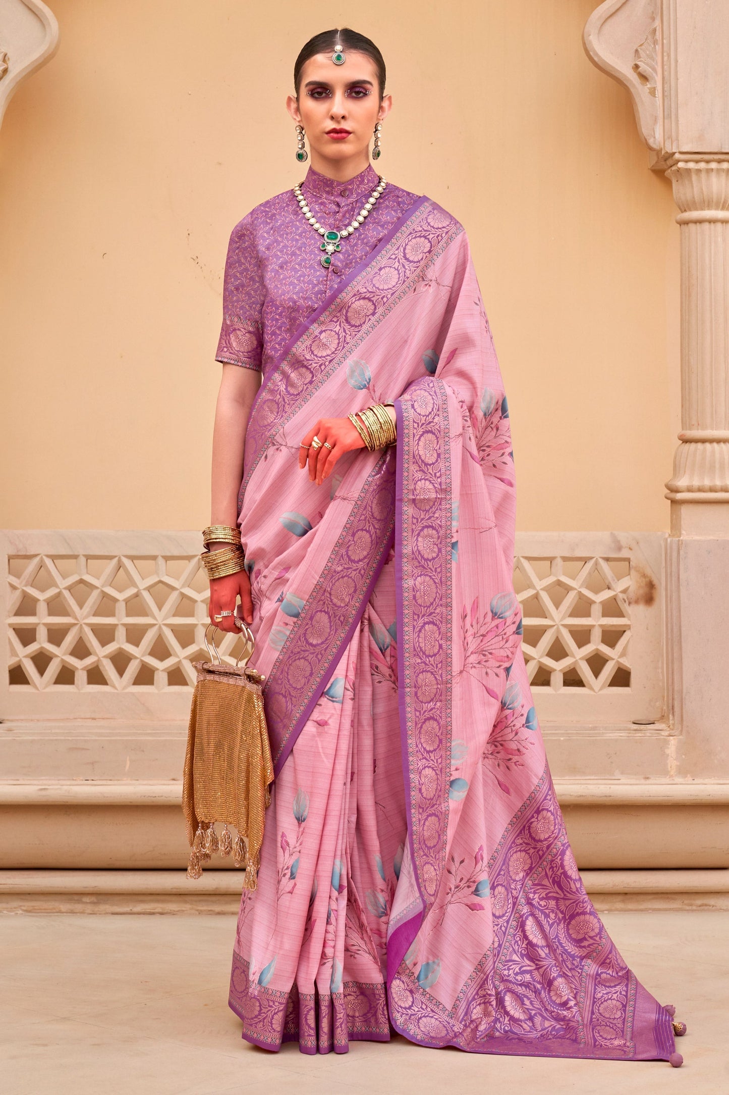 Pink Color Floral Print Daily Wear Art Silk Saree With Blouse