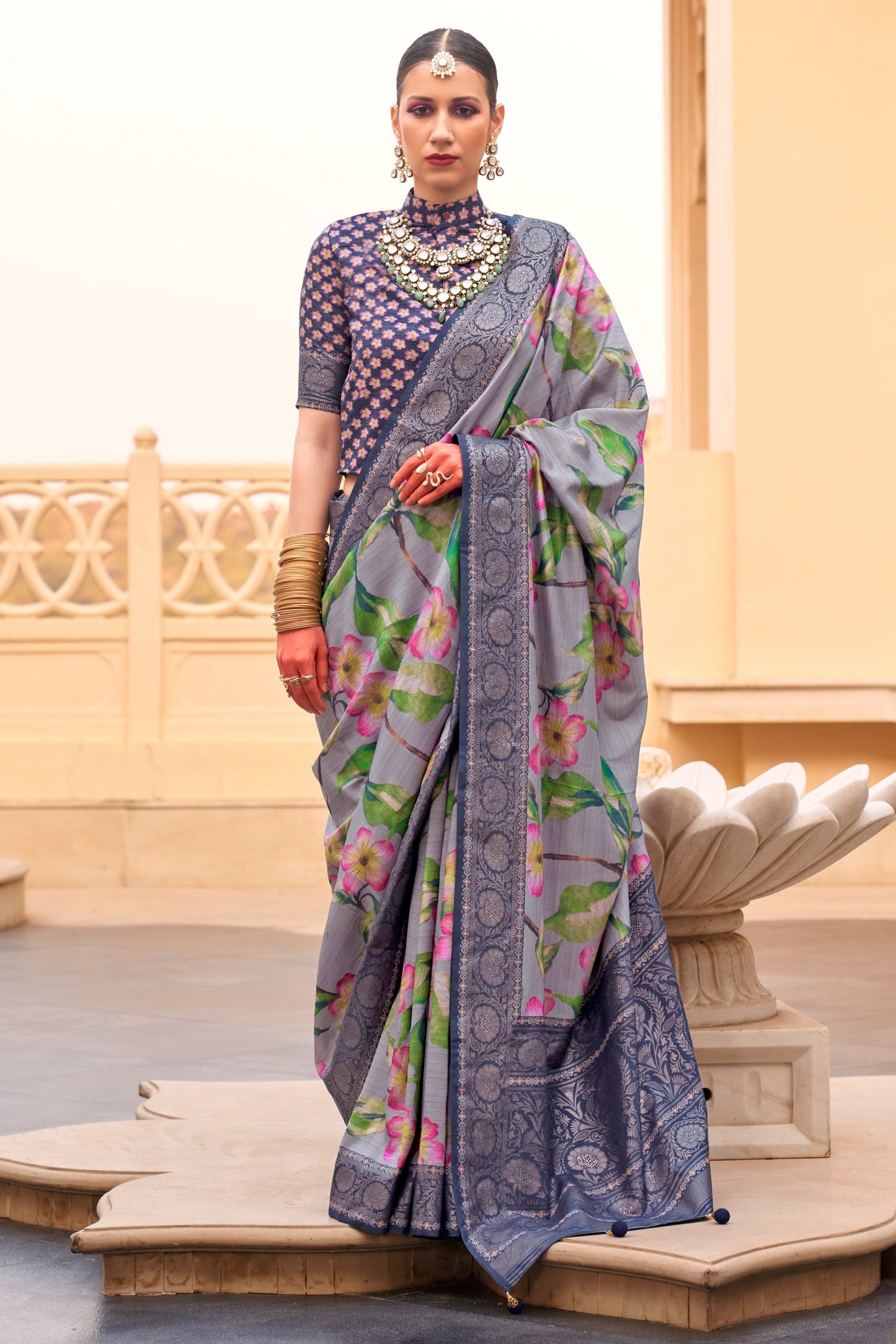 Floral Print Art Silk Grey Color Festive Wear Saree With Blouse