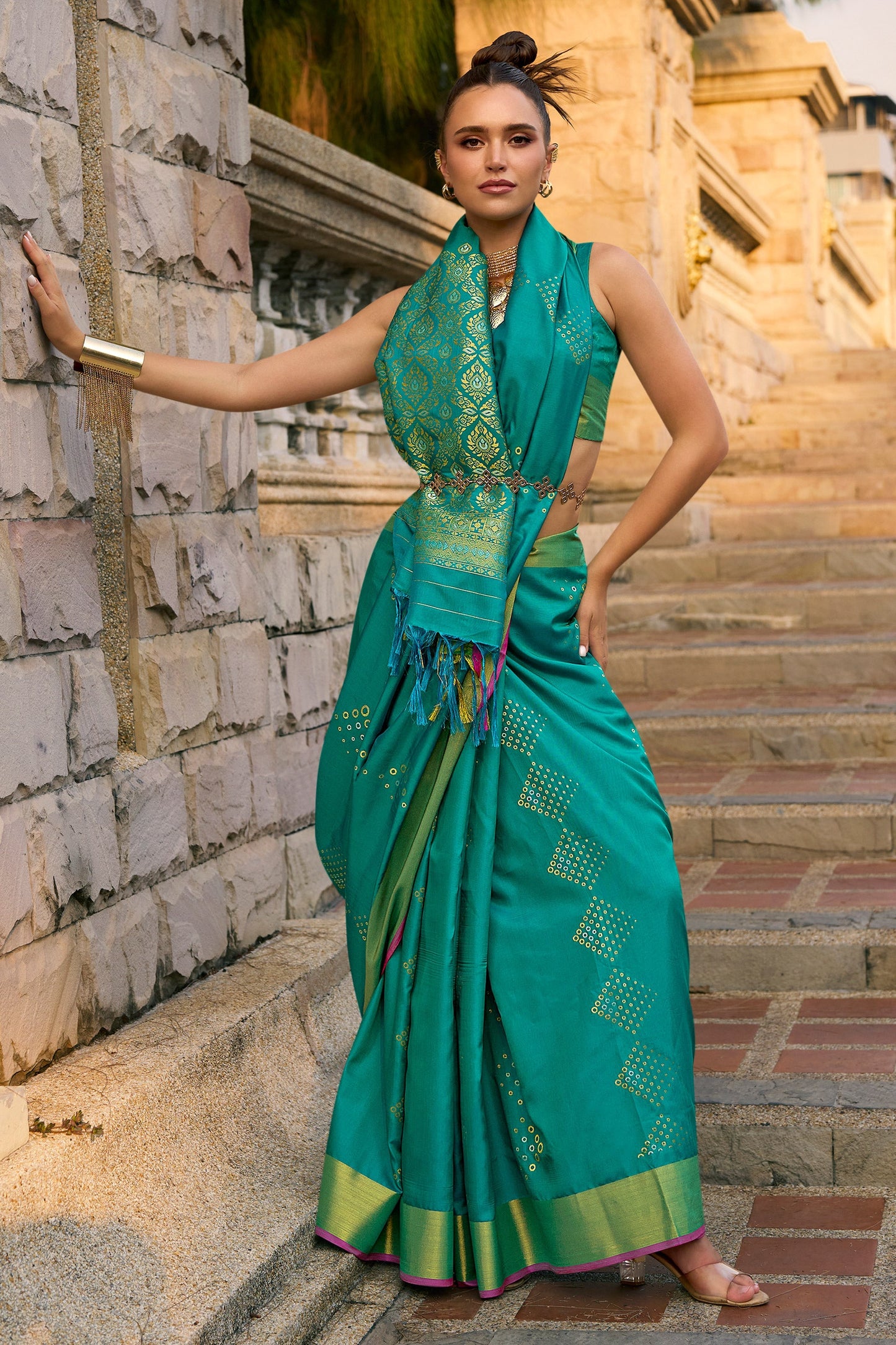 Art Silk Cyan Color Festive Wear Weaving Work Saree With Blouse