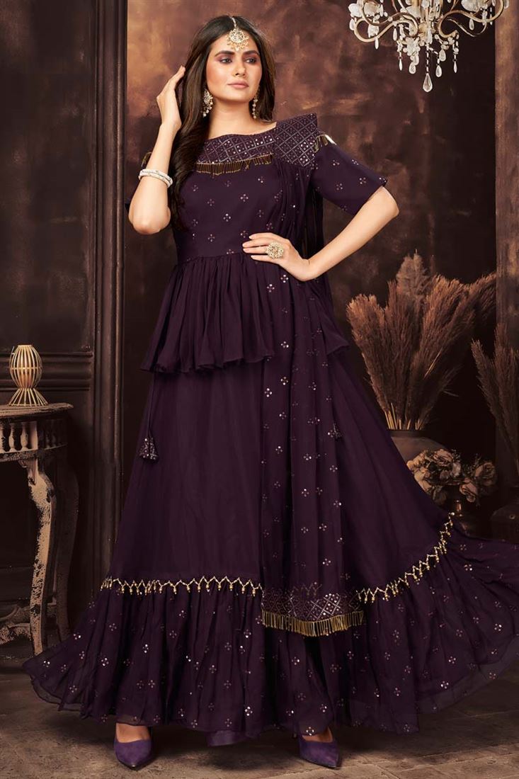 strapless open back dress Georgette Fabric Wine Color Party Wear Readymade Salwar Suit With Impo