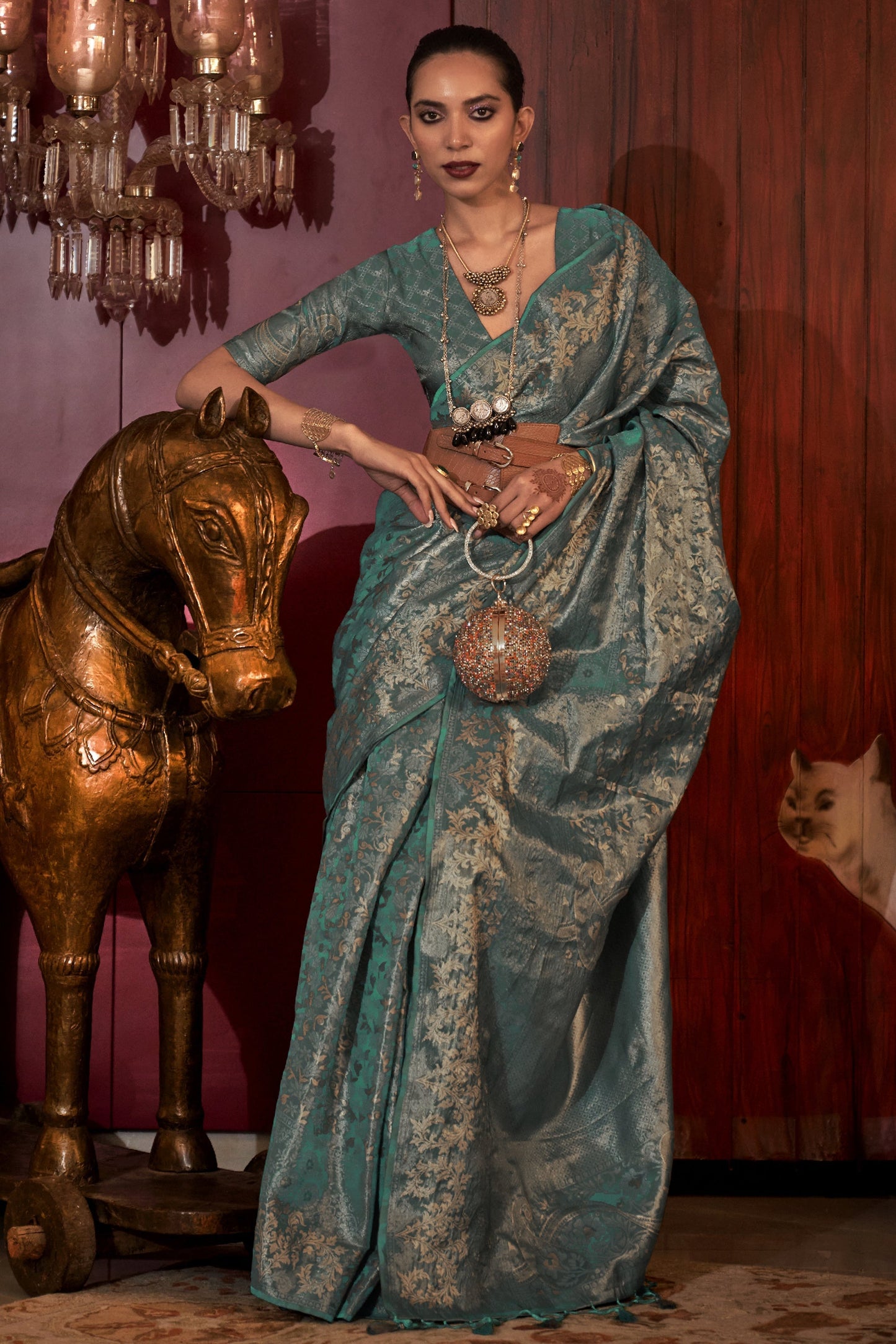 Art Silk Fabric Weaving Work Rich Teal Color Festive Wear Trendy Saree With Same Color Blouse