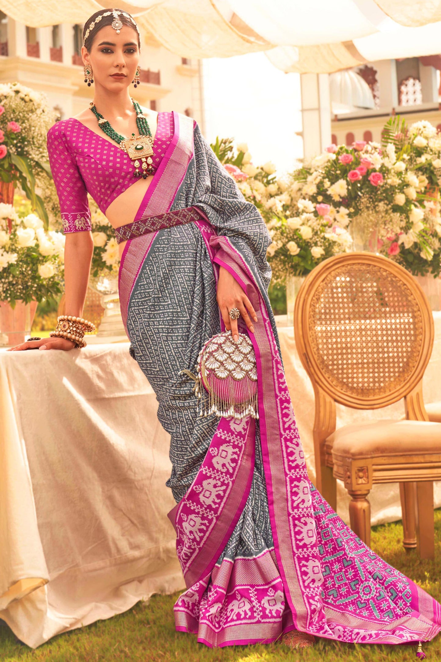 Art Silk Fabric Glamorous Grey Color Printed Patola Saree