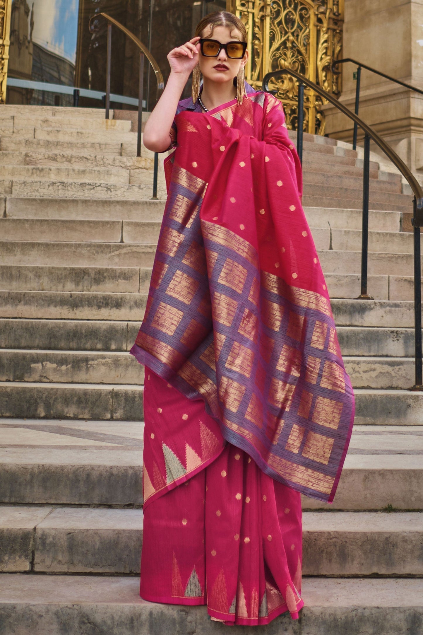 Excellent Art Silk Rani Color Handloom Weaving Saree