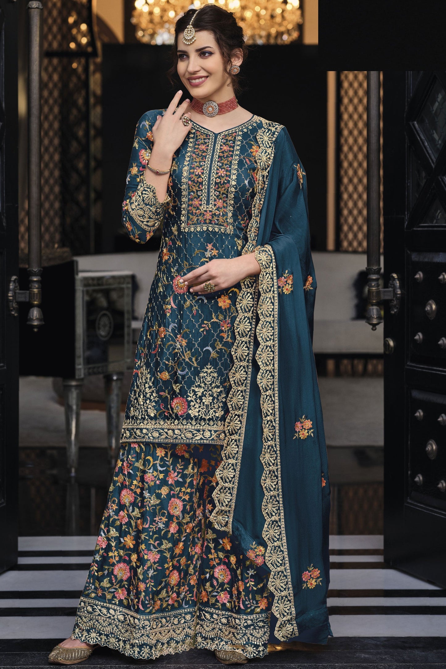 Art Silk Fabric Teal Color Elegant Festive Look Palazzo Suit
