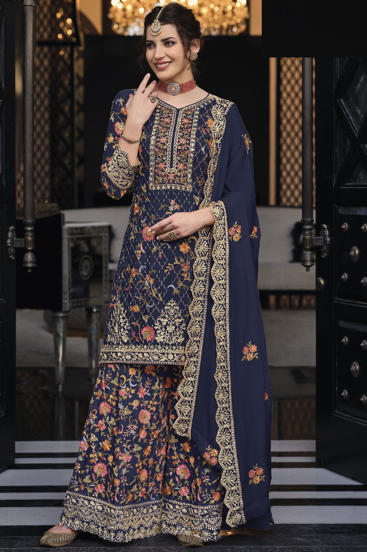 Art Silk Fabric Navy Blue Color Graceful Festive Look Palazzo Suit