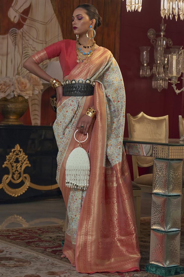 उत्कृष्ट हल्के सियान रंग समारोह पहनने रेशम साड़ी