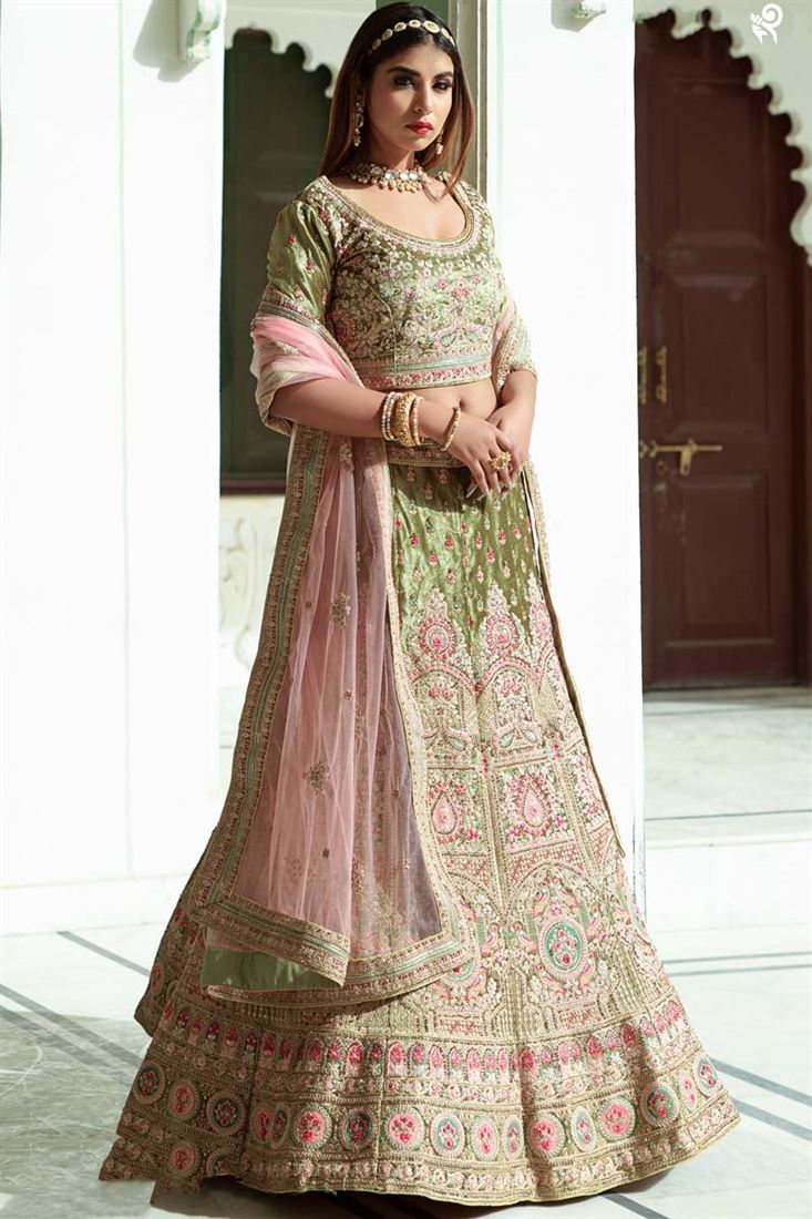 Velvet Fabric Wedding Wear Trendy Textured Embroidered Work Lehenga In Sea Green Color