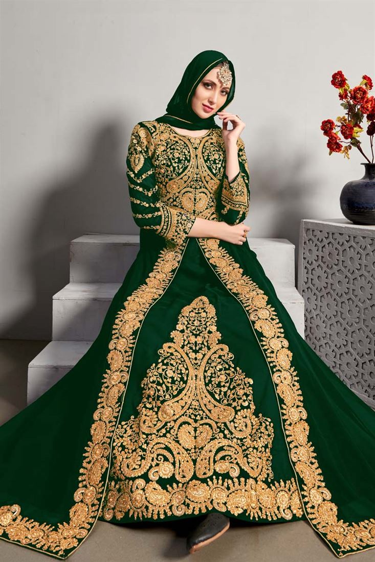 Sangeet Wear Georgette Fabric Green Color Anarkali Suit With Excellent Embroidered Work