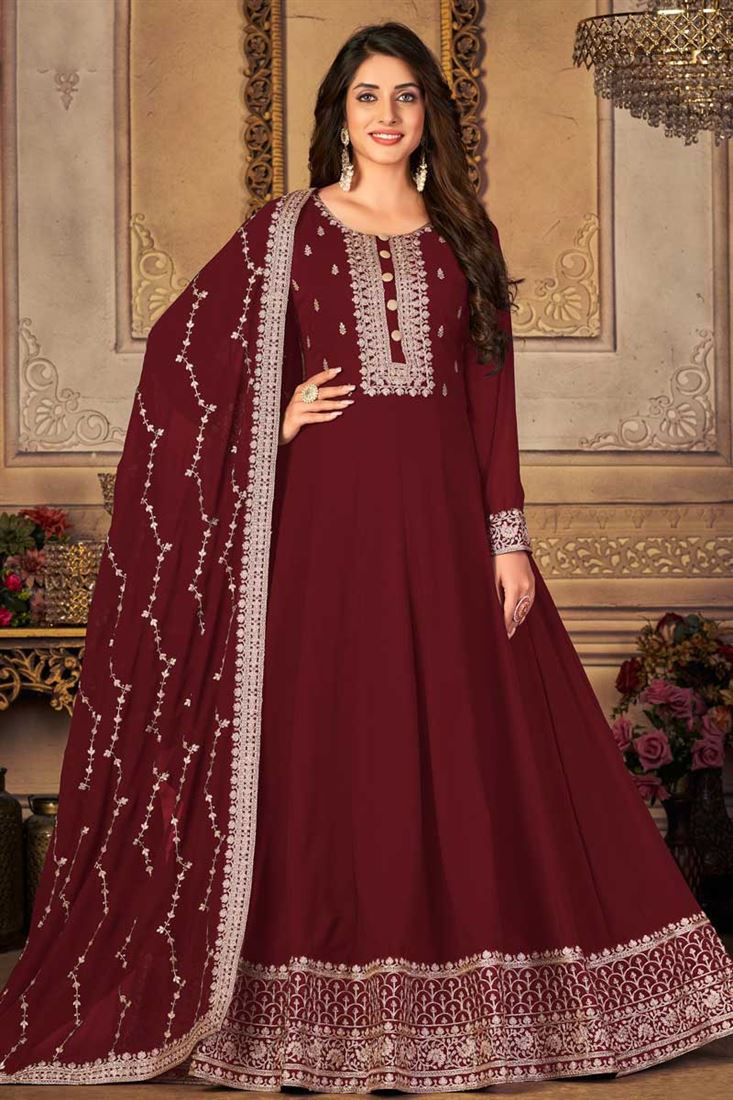 Maroon Color Georgette Fabric Attractive Embroidered Anarkali Suit