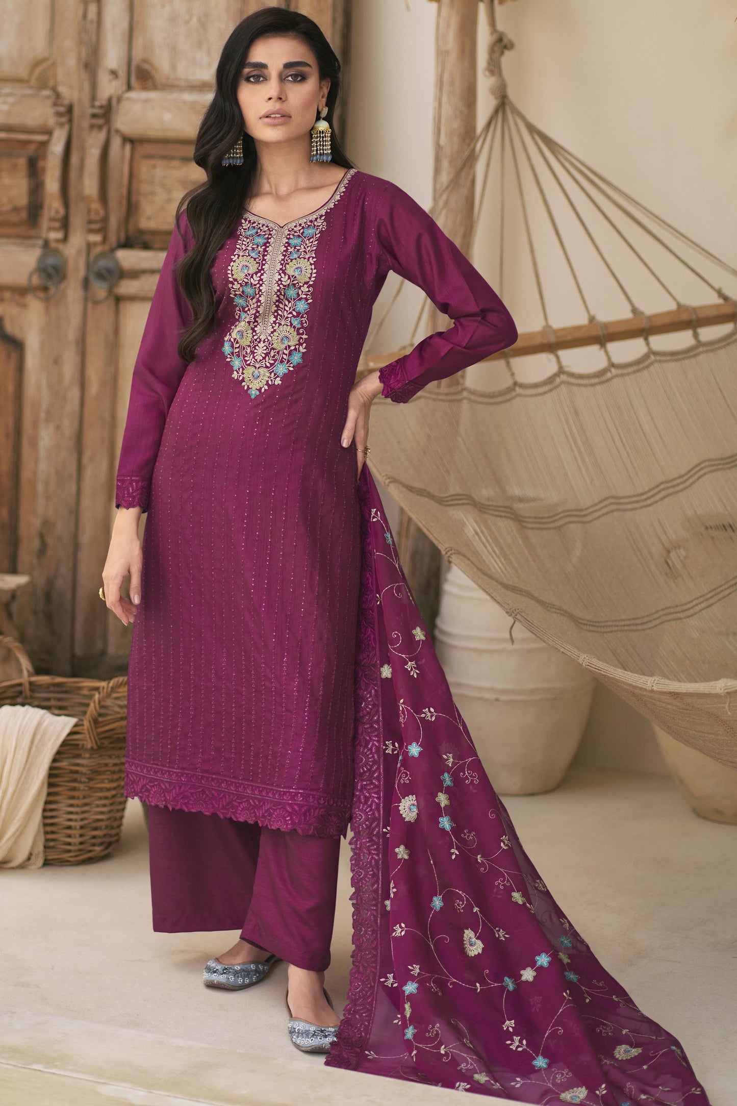 Art Silk Fabric Burgundy Color Embroidered Palazzo Salwar Suit