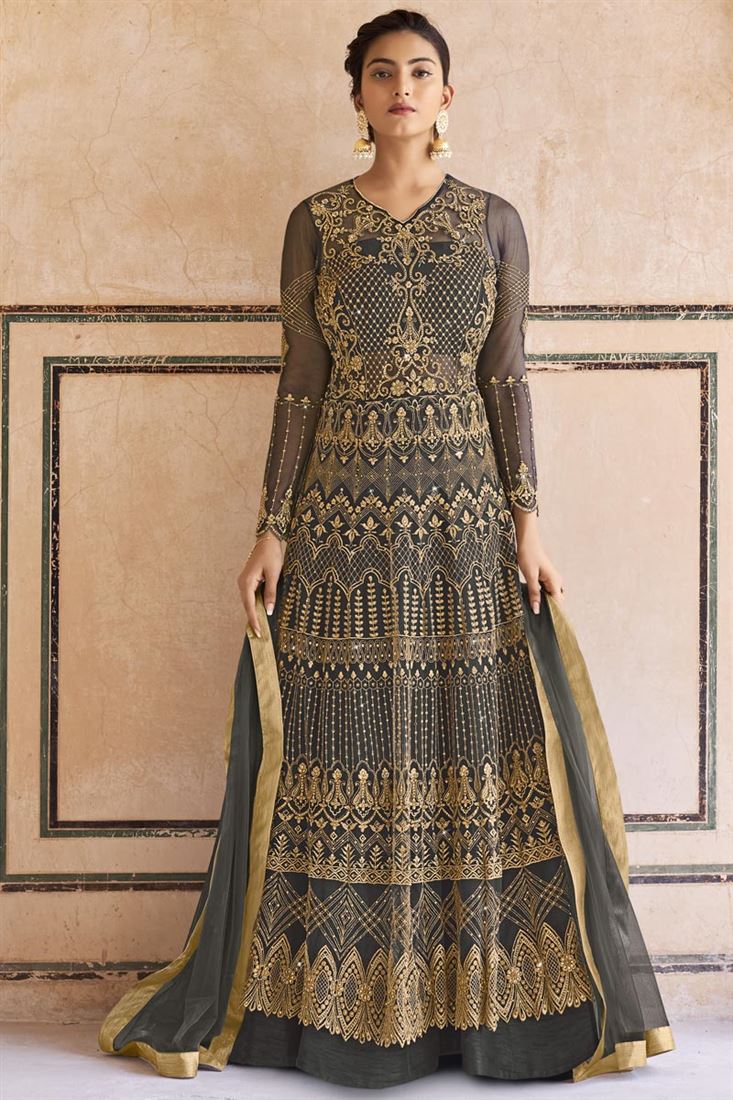 Gorgeous Embroidered Grey Net Fabric Festive Wear Anarkali Salwar Suit