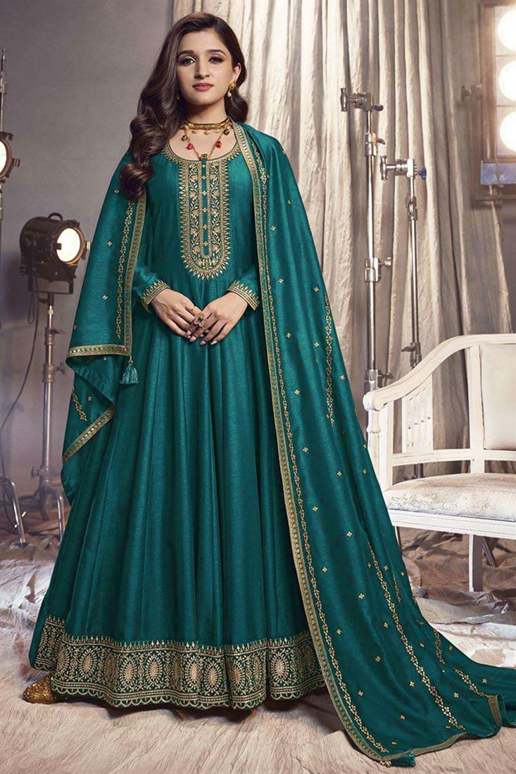 Nidhi Shah Teal Color Art Silk Fabric Tempting Party Look Anarkali Suit