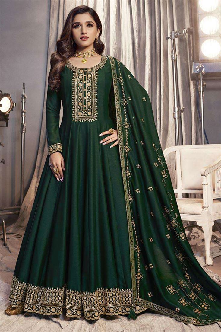 Nidhi Shah Excellent Art Silk Fabric Dark Green Color Party Look Anarkali Suit