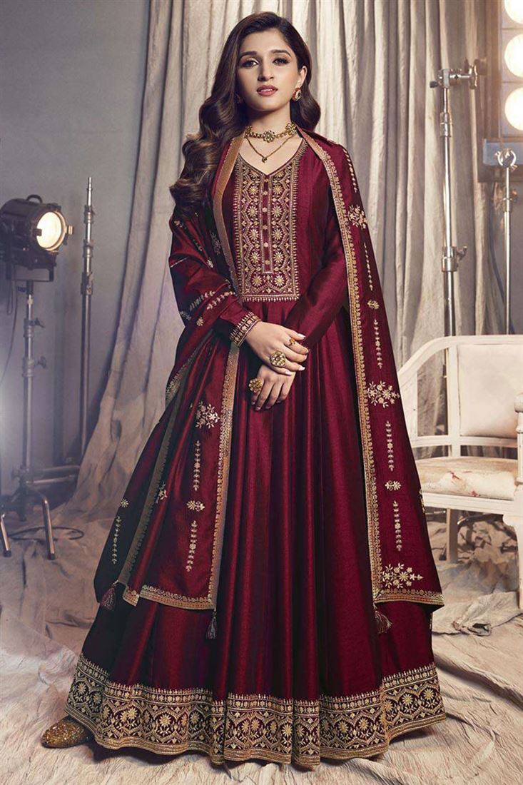 Nidhi Shah Maroon Color Art Silk Fabric Elegant Party Look Anarkali Suit