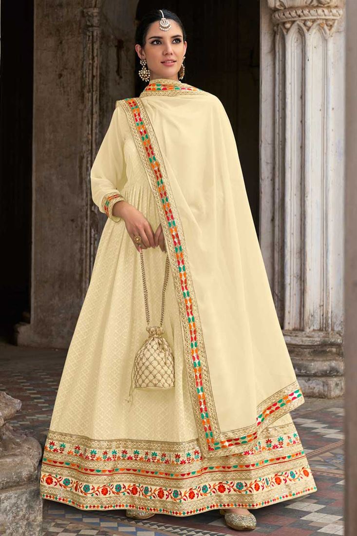 Cream Color Georgette Fabric Attractive Embroidered Anarkali Suit