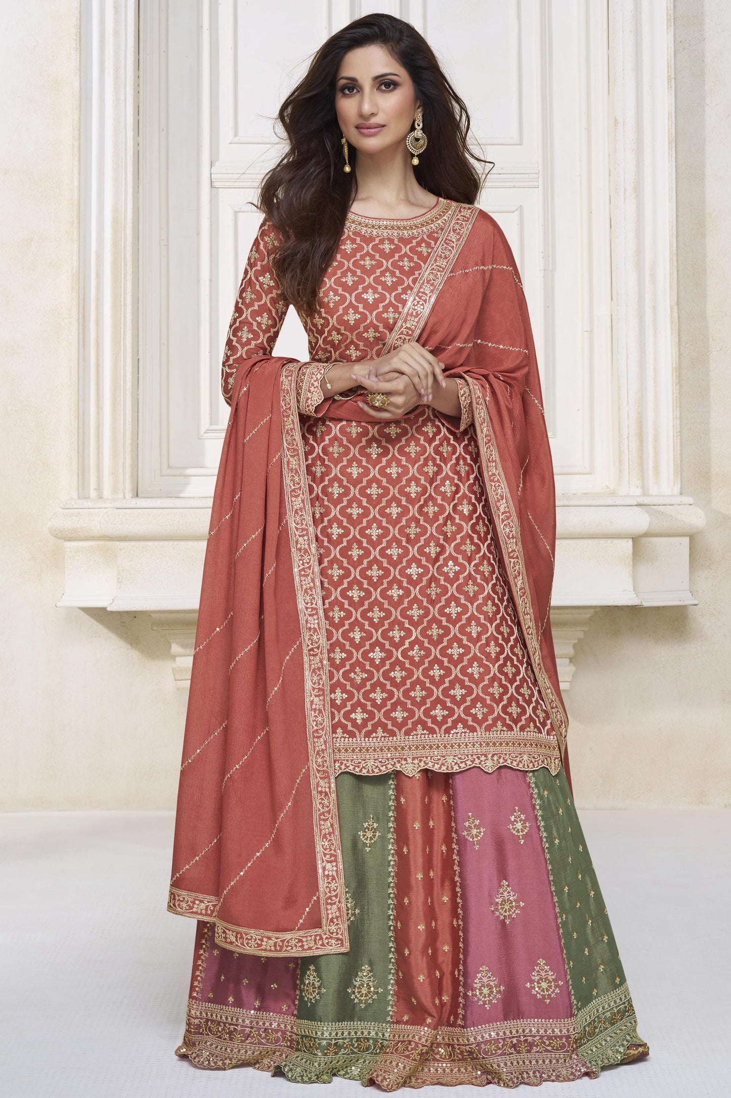 Maroon Color Party Wear Readymade Designer Sharara Top Lehenga In Chinon Silk Fabric