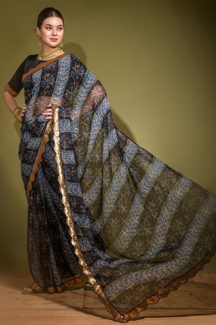 Midnight Black Georgette Chiffon Saree with Foil Printed Work
