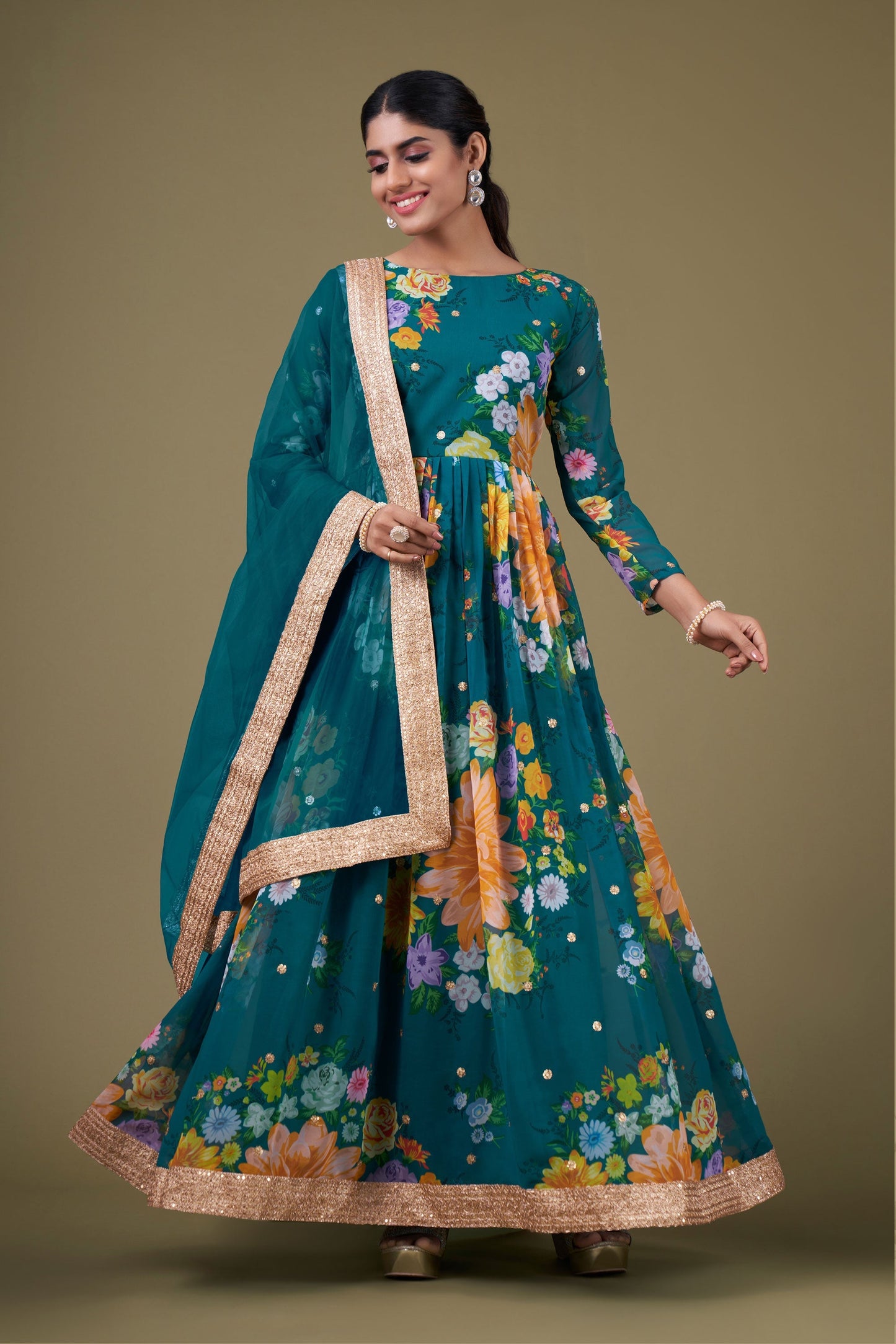Georgette Fabric Digital Printed Lovely Anarkali Suit In Teal Color
