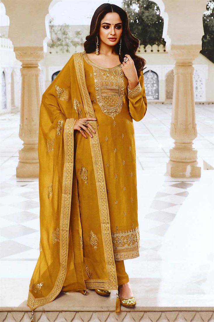 Art Silk Fabric Mustard Color Amazing Asmita Sood Salwar Suit