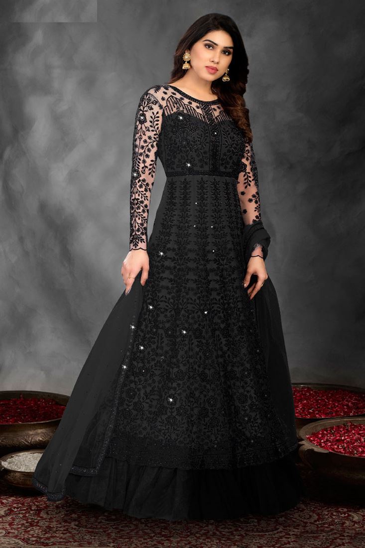 Net Fabric Black Color Superior Resham Embroidered Work Anarkali Suit