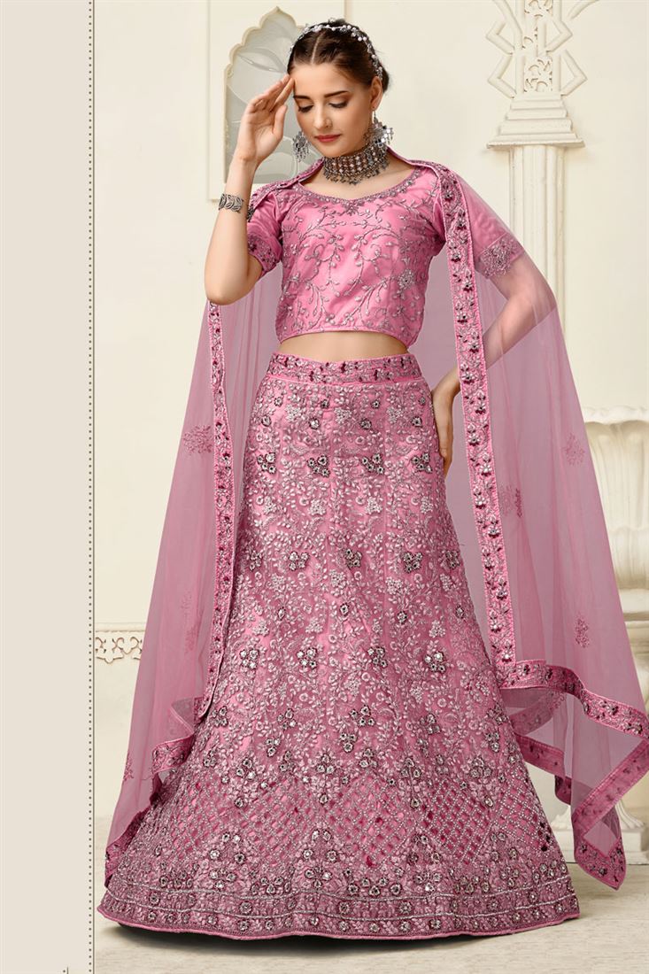 Net Fabric Pink Color Beatific Look Embroidered Lehenga
