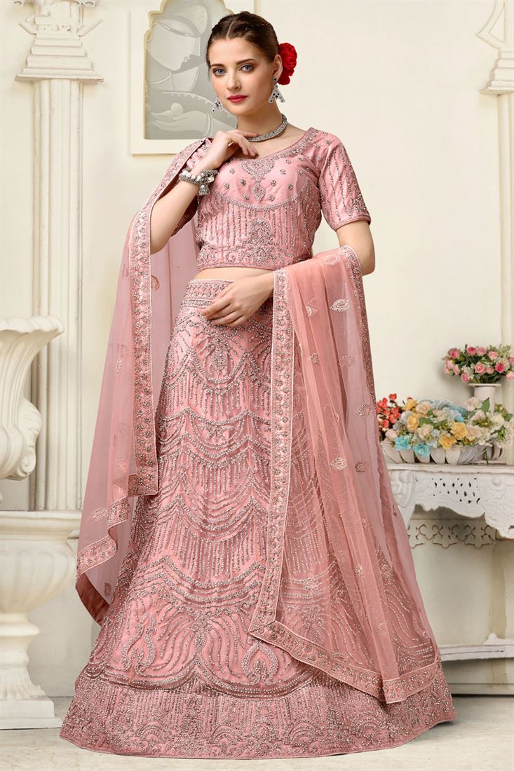 Febulous Net Fabric Embroidered Lehenga In Peach Color
