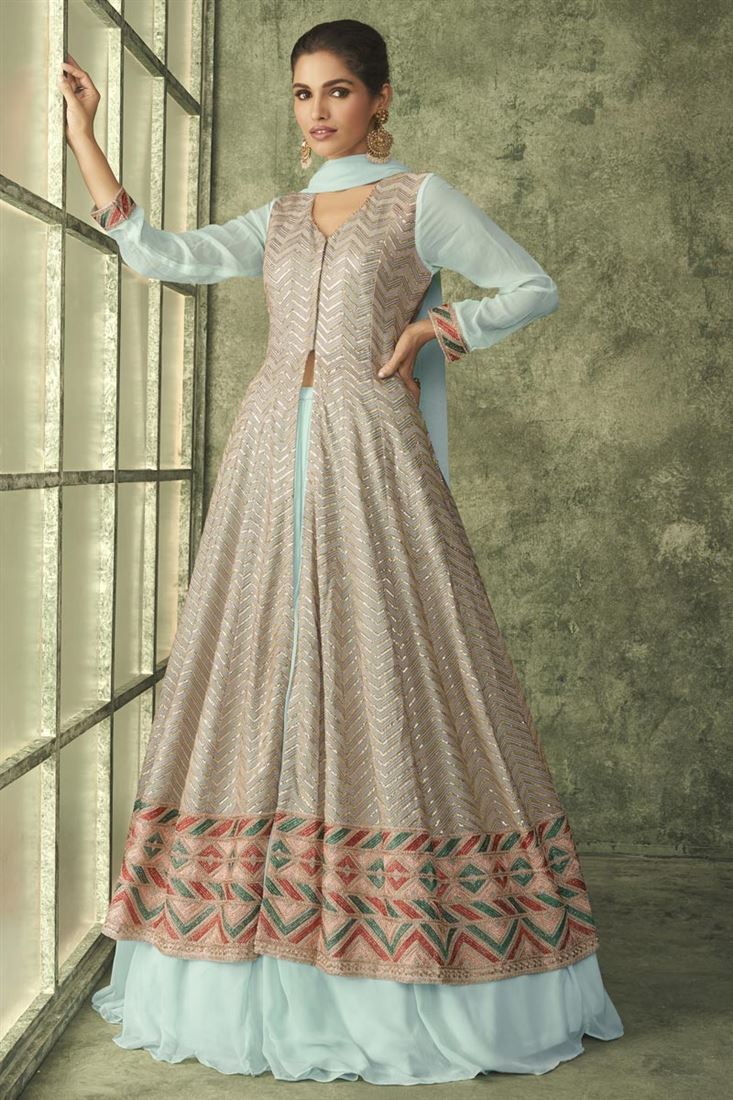 वर्तिका सिंह चमकदार जॉर्जेट लाइट सियान रंग शरारा टॉप लहंगा