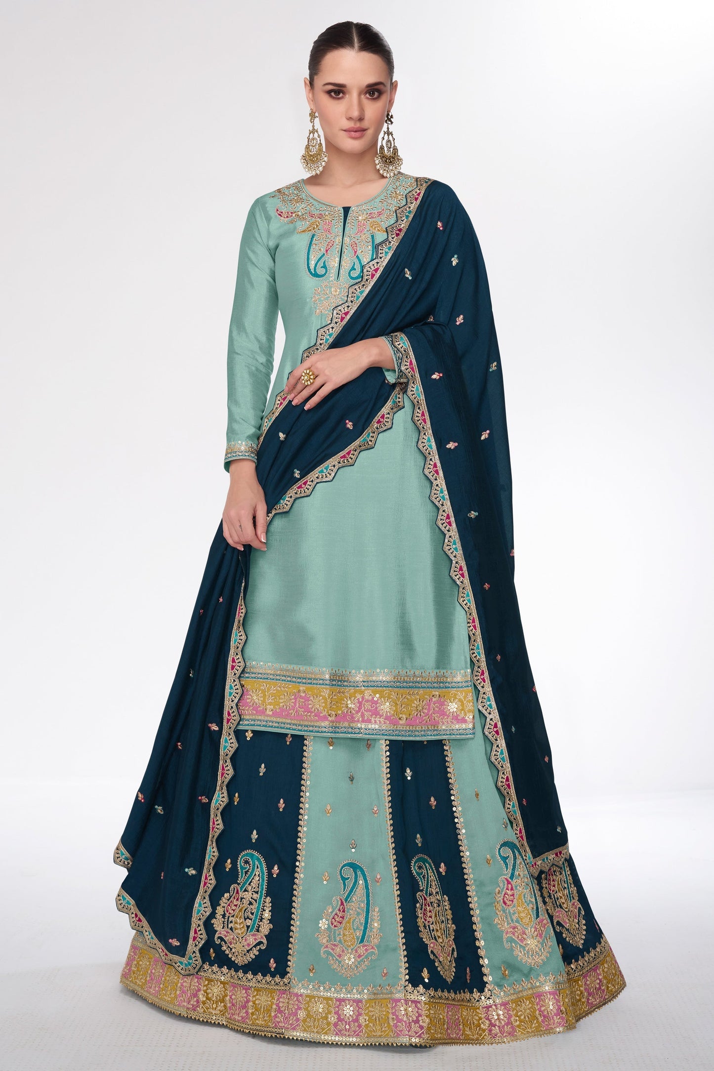 Eugeniya Belousova Silk Fabric Sea Green Color Beatific Look Sharara Top Lehenga