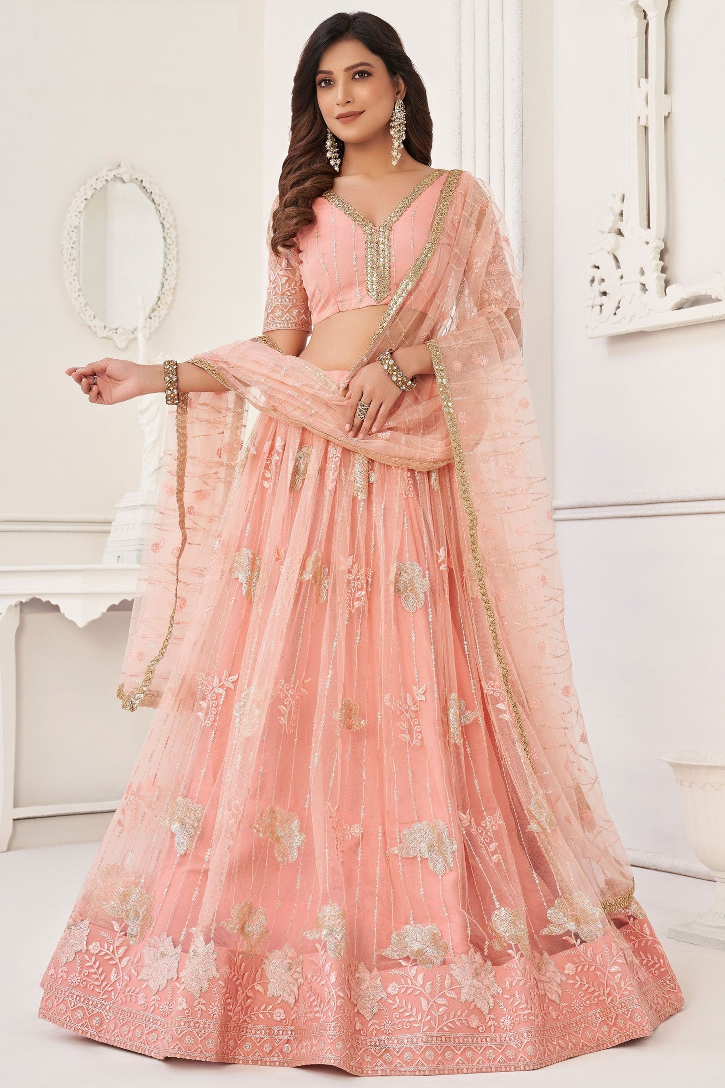 Embroidered Peach Net Sangeet Wear Lehenga Choli