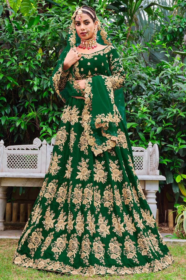 Velvet Green Color Winsome Embroidered Lehenga