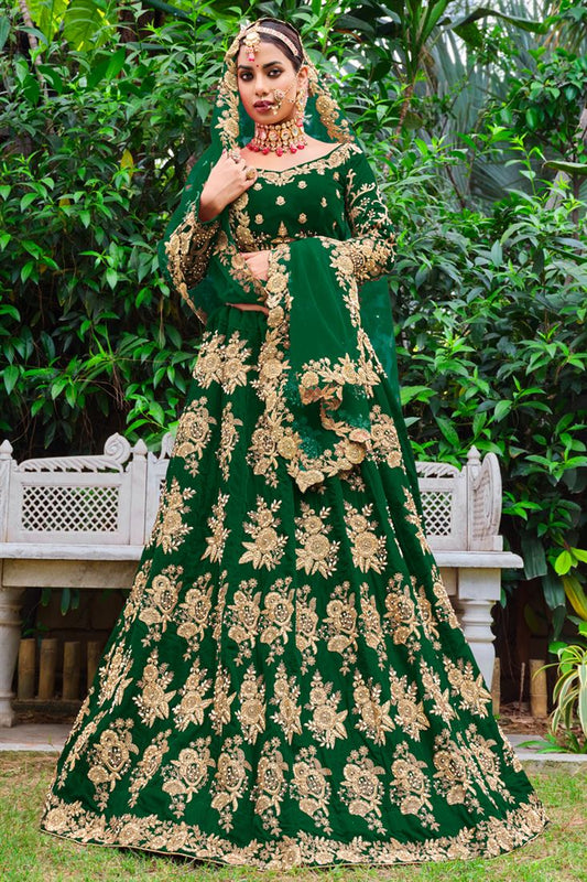 Velvet Green Color Winsome Embroidered Lehenga