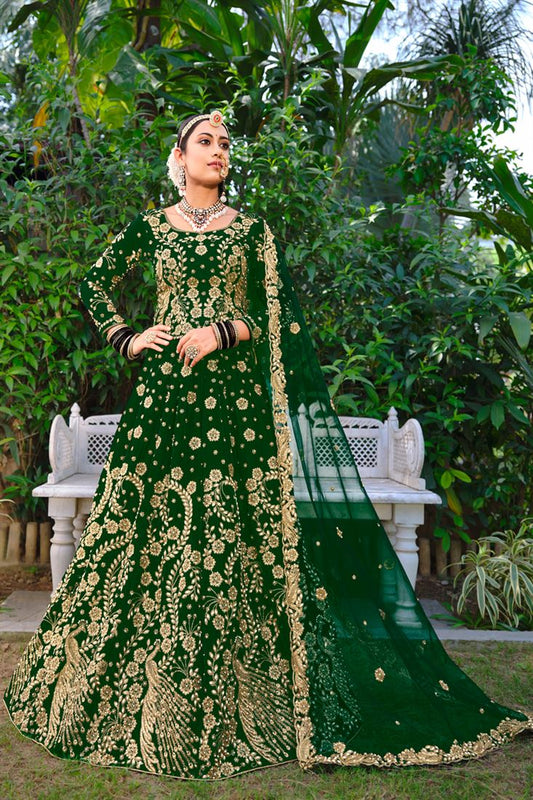 Radiant Green Velvet Fabric Embroidered Lehenga