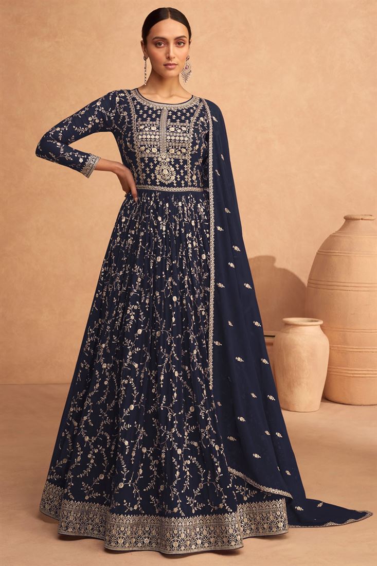 Georgette Fabric Function Wear Wondrous Anarkali Suit In Navy Blue Col –  Desilook Lifestyle