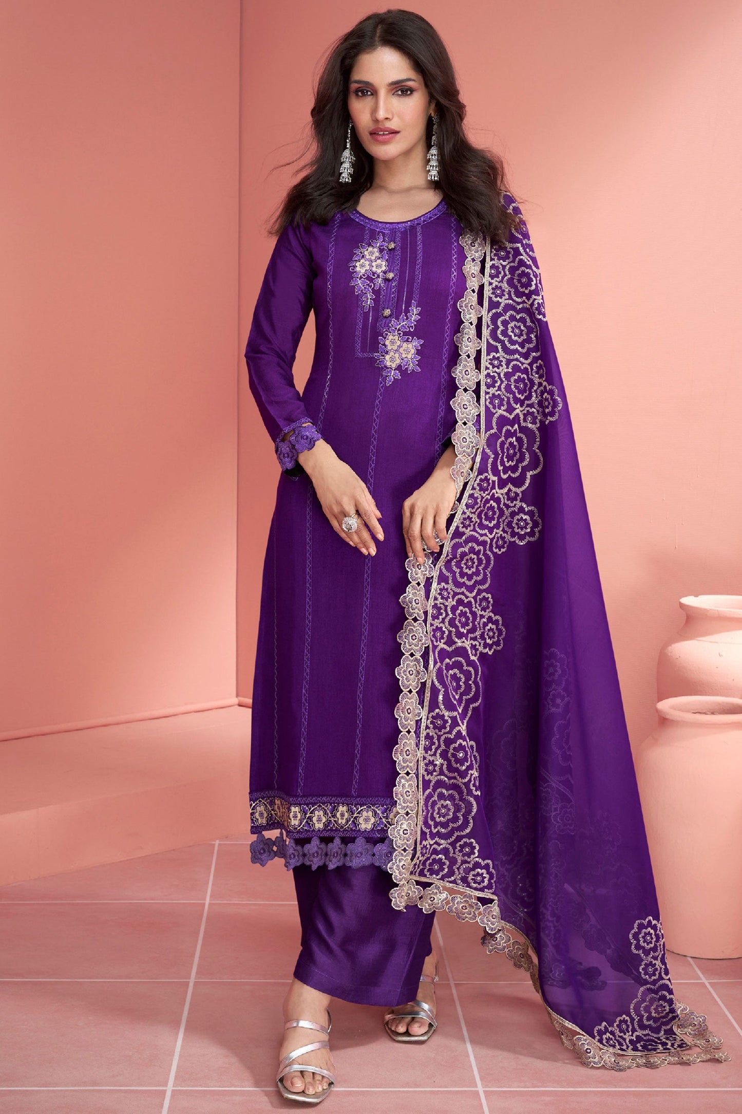 Art Silk Fabric Purple Color Graceful Function Wear Palazzo Suit