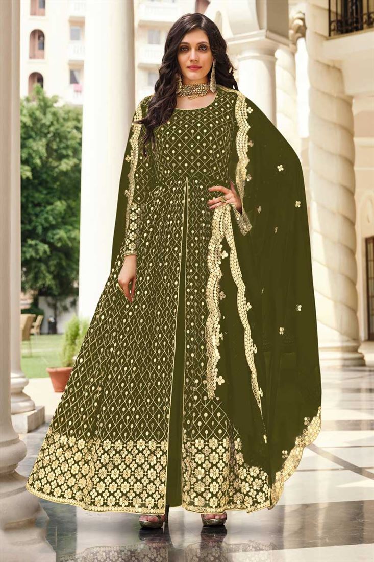 Charming Mehendi Green Color Georgette Fabric Party Style Anarkali Suit