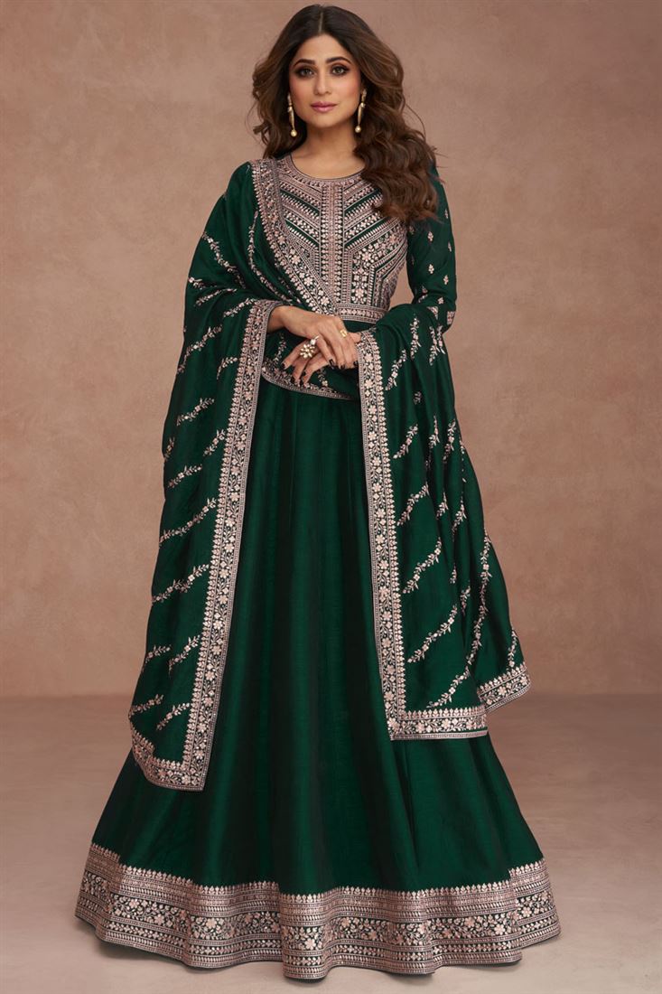 Shamita Shetty Art Silk Fabric Bewitching Anarkali Suit In Dark Green Color