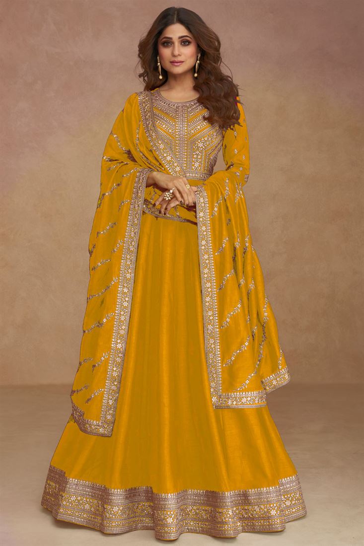 Shamita Shetty Art Silk Fabric Yellow Color Riveting Anarkali Suit