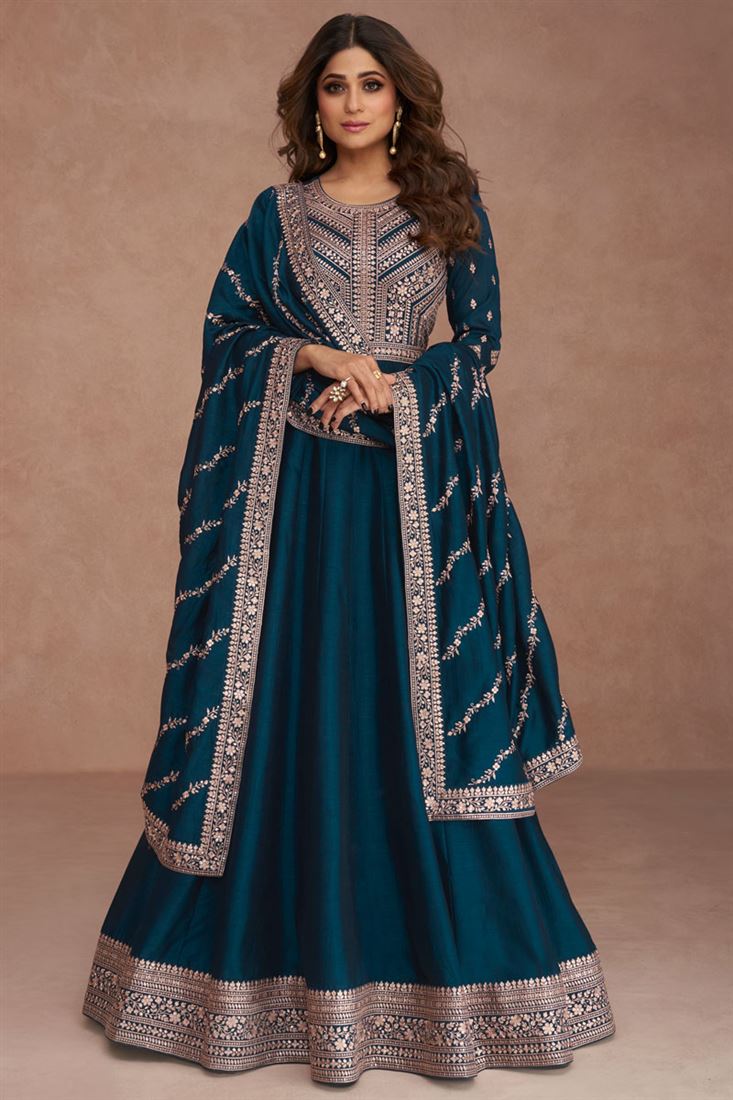 Shamita Shetty Teal Color Art Silk Fabric Special Anarkali Suit