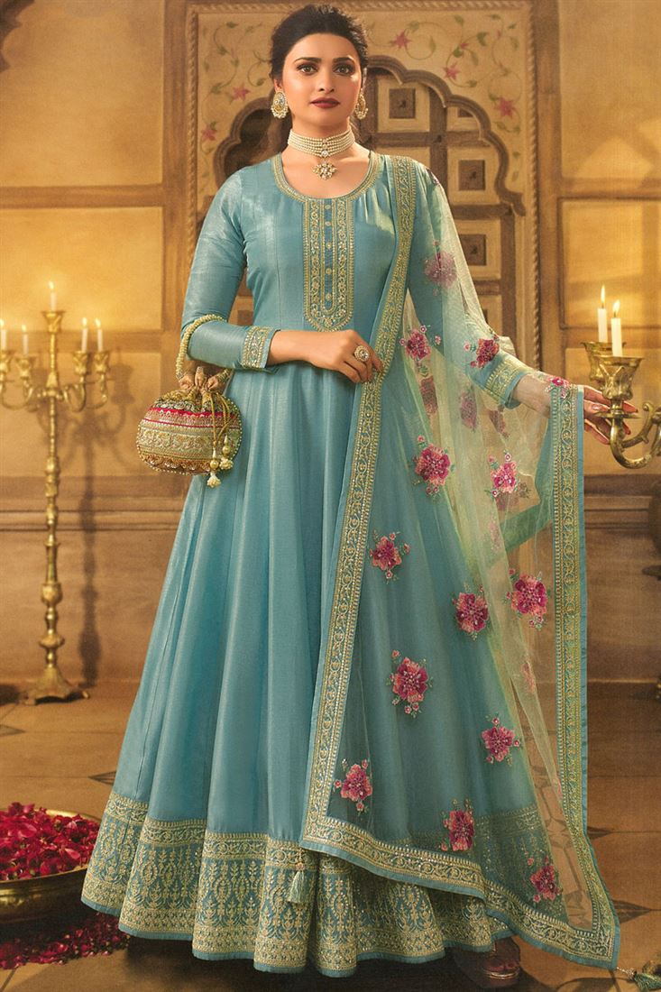 Prachi Desai Sangeet Wear Cyan Color Art Silk Admirable Anarkali Suit