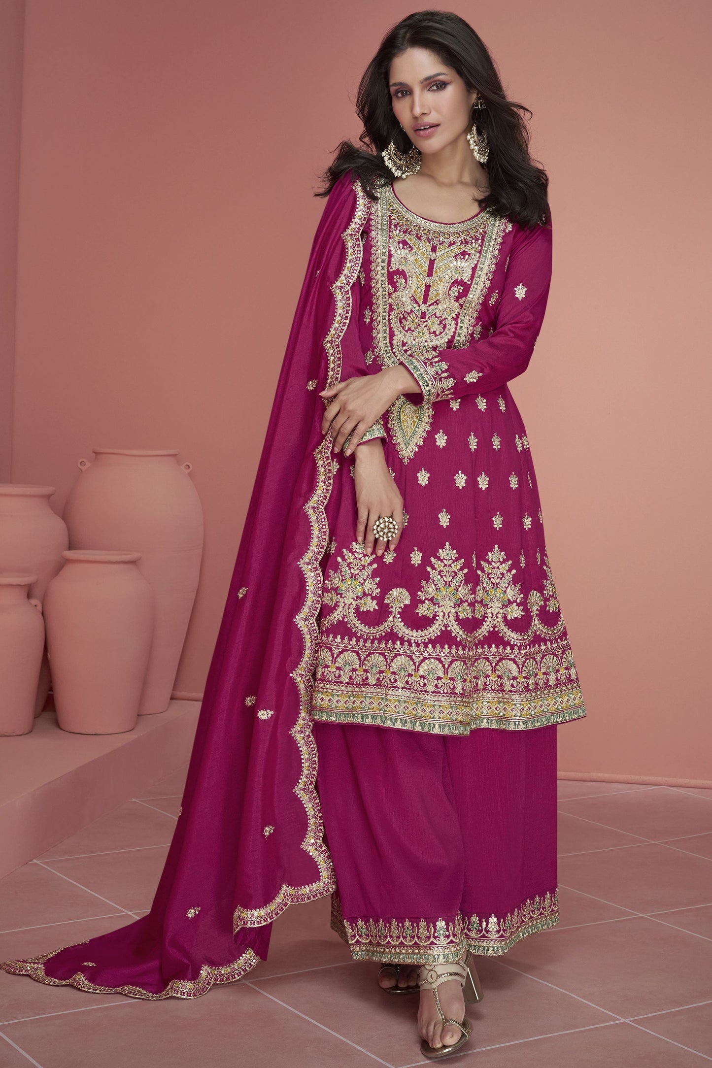 Rani Color Art Silk Fabric Embroidered Sangeet Wear Readymade Palazzo Salwar Kameez