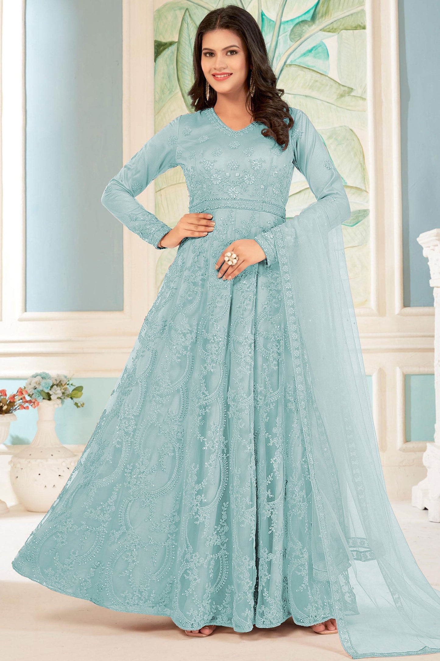 Embroidered Cyan Color Anarkali Salwar Kameez In Net Fabric