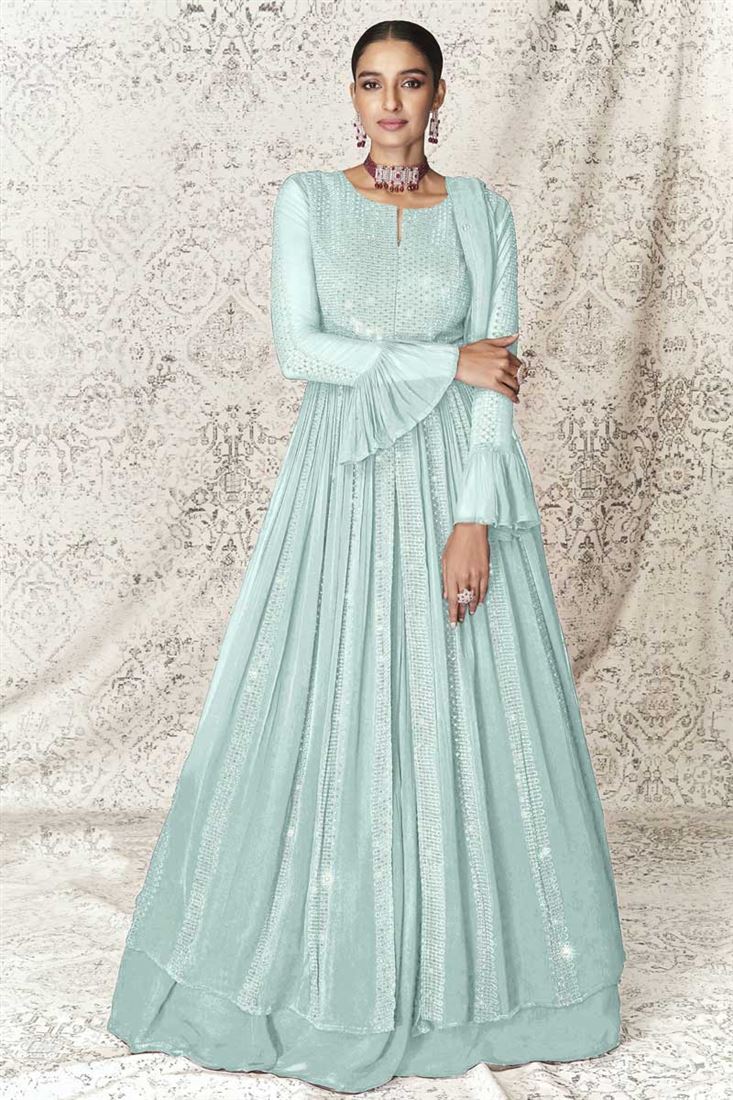 हल्के सियान रंग का जॉर्जेट कपड़ा सुरुचिपूर्ण उत्सव पहनने वाला अनारकली सूट