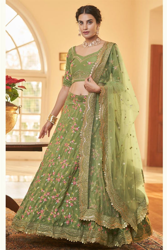 Chinon Fabric Green Color Fantastic Sangeet Wear Lehenga